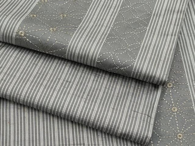 平和屋着物●極上　紬　刺繍　刺し子　七宝麻の葉間道　煤色地　逸品　未使用　CYAA4680s6