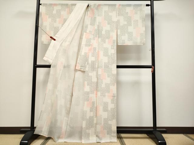 平和屋着物＊極上　夏物　重要無形文化財　人間国宝　中村勇二郎　江戸小紋　絽　短冊葡萄枝葉文　練色地　反端付き　逸品　CYAA4681s6