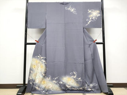 平和屋着物●極上　訪問着　駒刺繍　花唐草文　暈し染め　金彩　薄鼠色地　逸品　未使用　CYAA4690s6