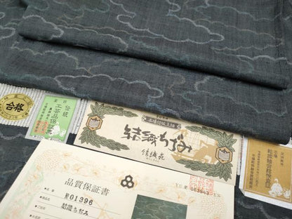 平和屋着物▽極上 本場結城玉紬 結織ちぢみ 結織苑 単衣 雲重ね文 羊羹色地 証紙・保証書付き 逸品 CYAA4691s6