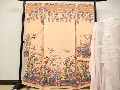 平和屋本店●極上　本場琉球紅型　振袖・長襦袢セット　紅型　花鳥文　洒落柿色地　鬼しぼ縮緬　逸品　CYAA4692s6