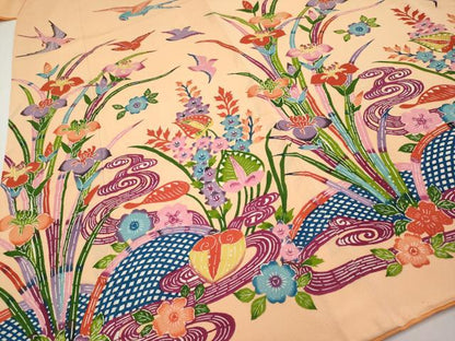 平和屋本店●極上　本場琉球紅型　振袖・長襦袢セット　紅型　花鳥文　洒落柿色地　鬼しぼ縮緬　逸品　CYAA4692s6