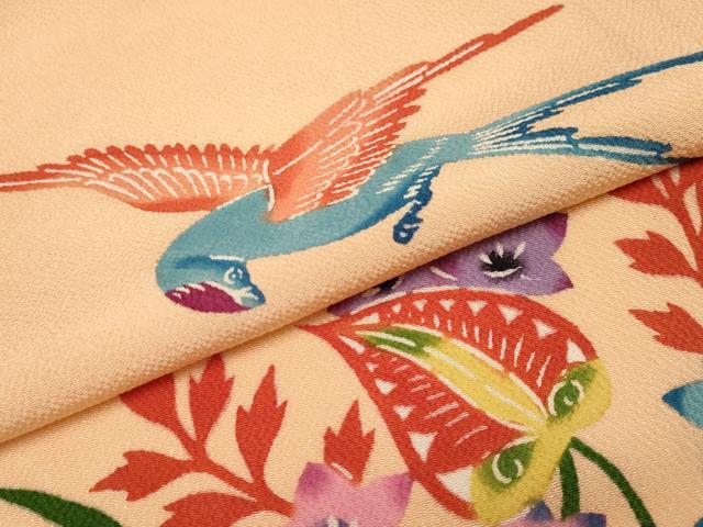 平和屋本店●極上　本場琉球紅型　振袖・長襦袢セット　紅型　花鳥文　洒落柿色地　鬼しぼ縮緬　逸品　CYAA4692s6