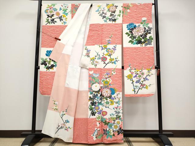 平和屋本店●極上　人間国宝　羽田登喜男　TOKIOetTOKI　振袖・長襦袢セット　市松枝花文　逸品　CYAA4693s6