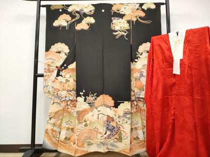 平和屋本店●極上　アンティーク　大正ロマン　振袖・長襦袢セット　駒刺繍　御所車扇面枝花文　黒地　金銀彩　逸品　CYAA4694s6