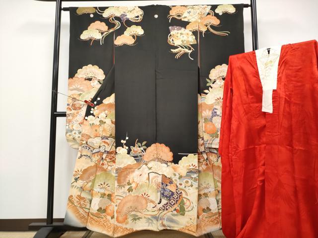 平和屋本店●極上　アンティーク　大正ロマン　振袖・長襦袢セット　駒刺繍　御所車扇面枝花文　黒地　金銀彩　逸品　CYAA4694s6