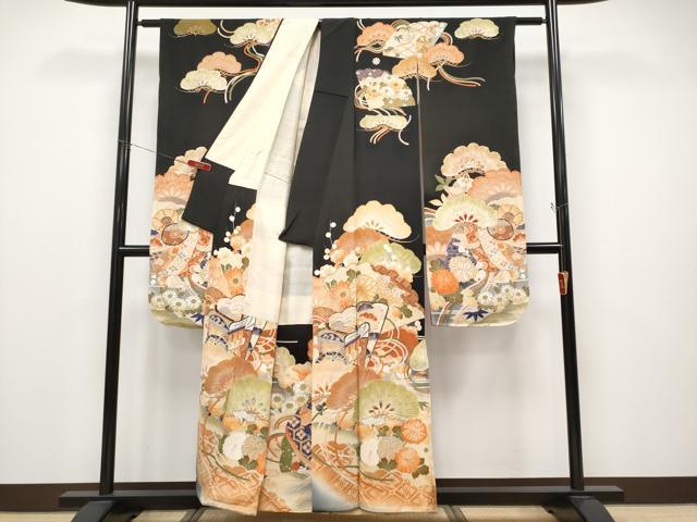 平和屋本店●極上　アンティーク　大正ロマン　振袖・長襦袢セット　駒刺繍　御所車扇面枝花文　黒地　金銀彩　逸品　CYAA4694s6