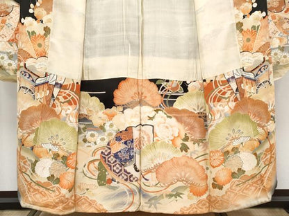 平和屋本店●極上　アンティーク　大正ロマン　振袖・長襦袢セット　駒刺繍　御所車扇面枝花文　黒地　金銀彩　逸品　CYAA4694s6