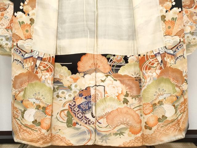 平和屋本店●極上　アンティーク　大正ロマン　振袖・長襦袢セット　駒刺繍　御所車扇面枝花文　黒地　金銀彩　逸品　CYAA4694s6