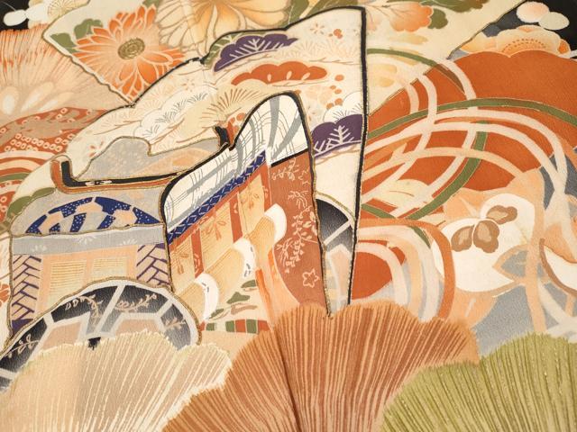 平和屋本店●極上　アンティーク　大正ロマン　振袖・長襦袢セット　駒刺繍　御所車扇面枝花文　黒地　金銀彩　逸品　CYAA4694s6