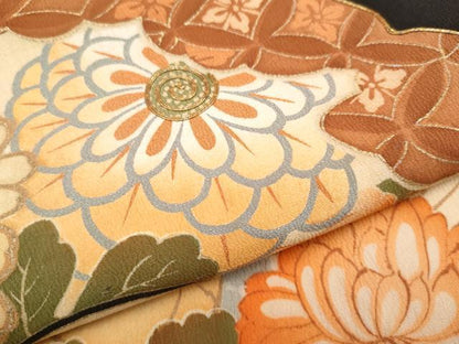 平和屋本店●極上　アンティーク　大正ロマン　振袖・長襦袢セット　駒刺繍　御所車扇面枝花文　黒地　金銀彩　逸品　CYAA4694s6