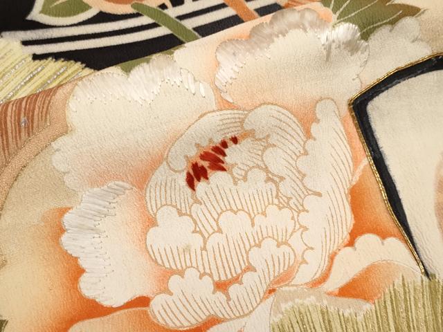平和屋本店●極上　アンティーク　大正ロマン　振袖・長襦袢セット　駒刺繍　御所車扇面枝花文　黒地　金銀彩　逸品　CYAA4694s6