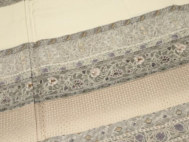 平和屋本店●極上　中国三大刺繍　スワトウ刺繍　訪問着　作家物　横段花唐草文　鳥の子色地　反端付き　逸品　未使用　CYAA4698s6