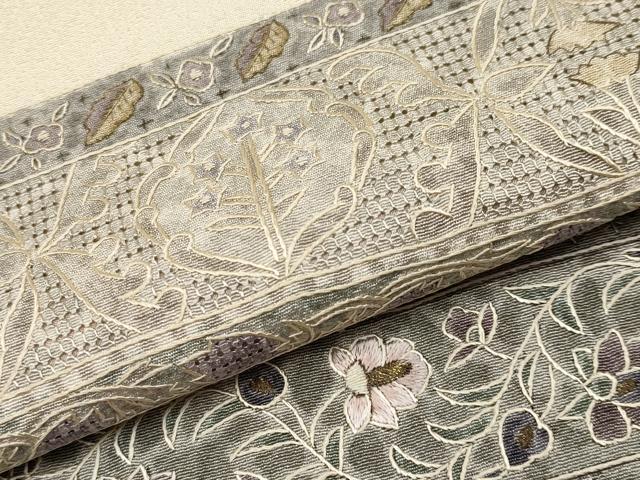 平和屋本店●極上　中国三大刺繍　スワトウ刺繍　訪問着　作家物　横段花唐草文　鳥の子色地　反端付き　逸品　未使用　CYAA4698s6