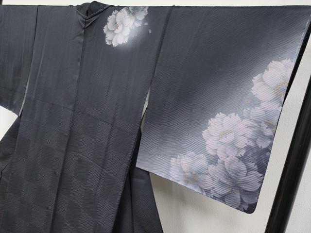 平和屋着物●極上　訪問着　創作　蜃気楼染　舞花文　暈し染め　紫黒色地　反端付き　逸品　未使用　CYAA4703s6