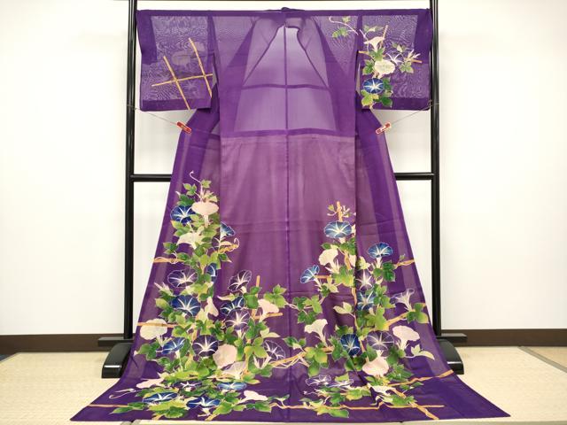 平和屋本店＊希少 夏物 訪問着 お引きずり・お引き摺り 紗 舞妓 芸子 朝顔 桑の実色地 八掛付き 逸品 CYAA4710s6