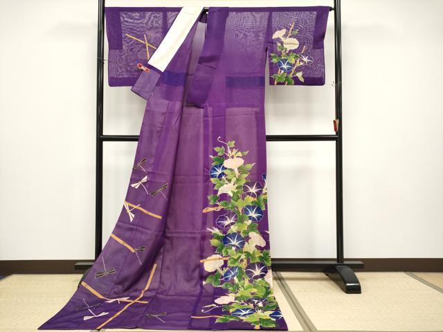 平和屋本店＊希少 夏物 訪問着 お引きずり・お引き摺り 紗 舞妓 芸子 朝顔 桑の実色地 八掛付き 逸品 CYAA4710s6
