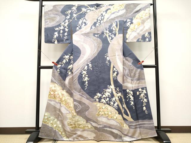 平和屋着物●極上　十日町 名門青柳高級ブランド　大喜百花　訪問着　駒刺繍　絞り　雪輪枝花文　金彩　褐色地　逸品　CYAA4713s6