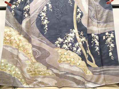 平和屋着物●極上　十日町 名門青柳高級ブランド　大喜百花　訪問着　駒刺繍　絞り　雪輪枝花文　金彩　褐色地　逸品　CYAA4713s6