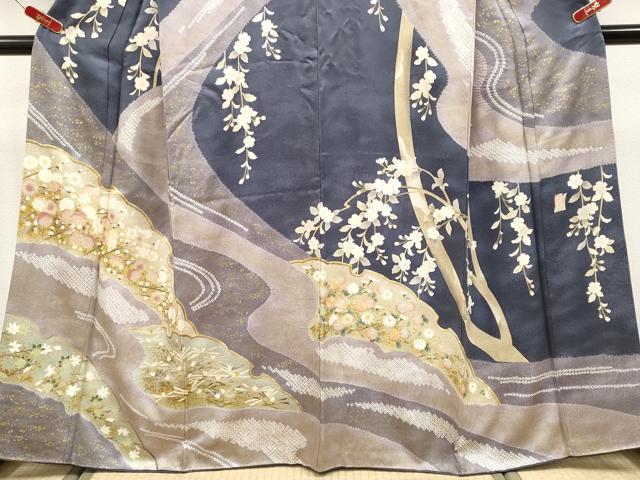 平和屋着物●極上　十日町 名門青柳高級ブランド　大喜百花　訪問着　駒刺繍　絞り　雪輪枝花文　金彩　褐色地　逸品　CYAA4713s6