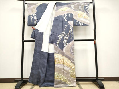 平和屋着物●極上　十日町 名門青柳高級ブランド　大喜百花　訪問着　駒刺繍　絞り　雪輪枝花文　金彩　褐色地　逸品　CYAA4713s6
