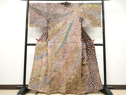 平和屋本店●極上　中国三大刺繍　相良刺繍　訪問着　おぼろ染　襲絞り　舞花文　銀通し地　鉄黒色地　逸品　未使用　CYAA4715s6