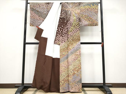 平和屋本店●極上　中国三大刺繍　相良刺繍　訪問着　おぼろ染　襲絞り　舞花文　銀通し地　鉄黒色地　逸品　未使用　CYAA4715s6
