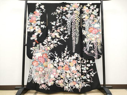 平和屋着物●極上　振袖　友禅　花車文　黒地　逸品　CYAA4720s6