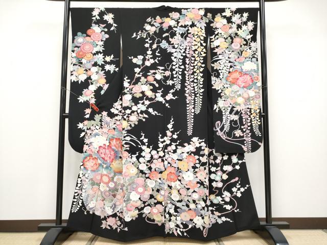 平和屋着物●極上　振袖　友禅　花車文　黒地　逸品　CYAA4720s6