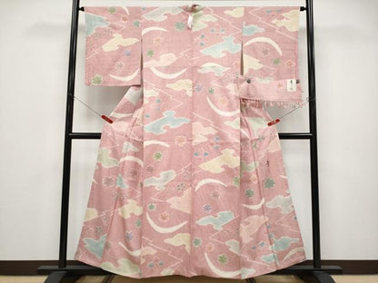 平和屋着物●極上　京友禅の第一人者　松井青々　生紬　絞り　舞花文　金彩　退紅色地　反端付き　逸品　未使用　CYAA4726s6