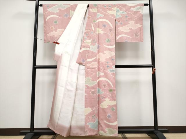 平和屋着物●極上　京友禅の第一人者　松井青々　生紬　絞り　舞花文　金彩　退紅色地　反端付き　逸品　未使用　CYAA4726s6