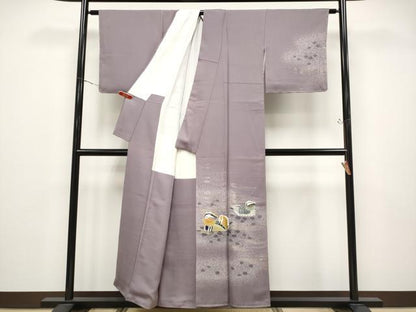 平和屋着物●極上　人間国宝・羽田登喜男　訪問着　寿光織　綾霞　鴛鴦　金銀彩　葡萄鼠色地　反端付き　逸品　未使用　CYAA4728s6