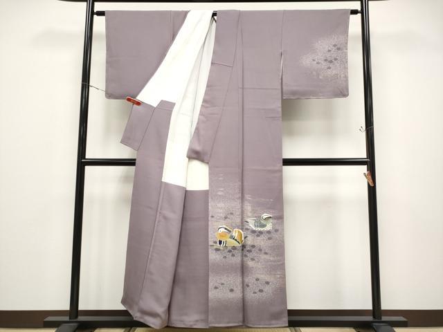 平和屋着物●極上　人間国宝・羽田登喜男　訪問着　寿光織　綾霞　鴛鴦　金銀彩　葡萄鼠色地　反端付き　逸品　未使用　CYAA4728s6