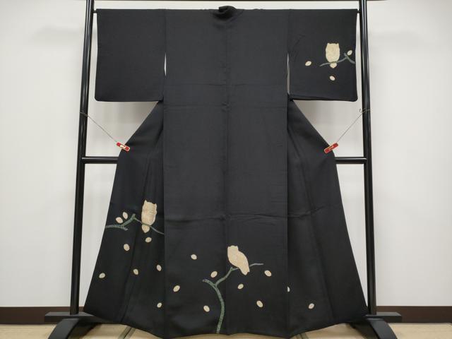 平和屋着物●極上　訪問着　絞り　フクロウ　黒地　逸品　CYAA4750s6