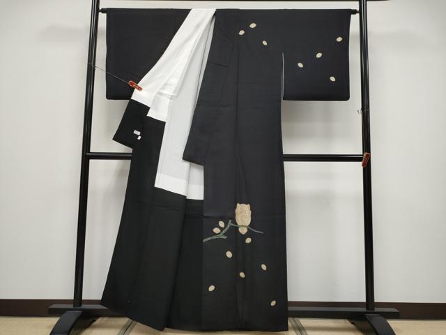 平和屋着物●極上　訪問着　絞り　フクロウ　黒地　逸品　CYAA4750s6