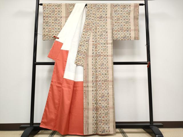 平和屋着物●極上　創華手差し紅型　都巳二　紬　格子舞蝶文　証紙付き　逸品　CYAA4751s6