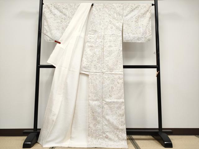 平和屋本店●極上　中国三大刺繍　スワトウ相良刺繍　総刺繍　本場大島紬　白大島　切嵌更紗花唐草文　逸品　未使用　CYAA4765s6