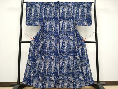 平和屋本店●極上　浦野理一　型染　小紋　松花文　鬼しぼ縮緬　濃藍色地　逸品　未使用　CYAA4769s6