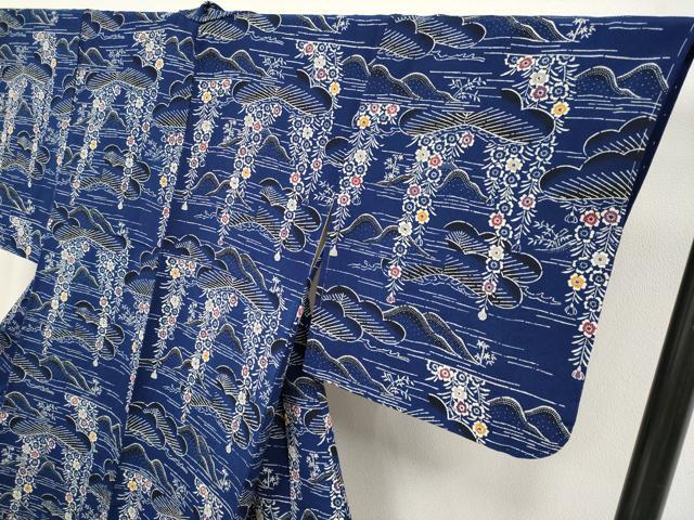 平和屋本店●極上　浦野理一　型染　小紋　松花文　鬼しぼ縮緬　濃藍色地　逸品　未使用　CYAA4769s6