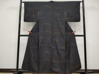 平和屋着物●極上　本場結城紬　重要無形文化財　80亀甲　幾何学文様　黒地　逸品　CYAA4777s6