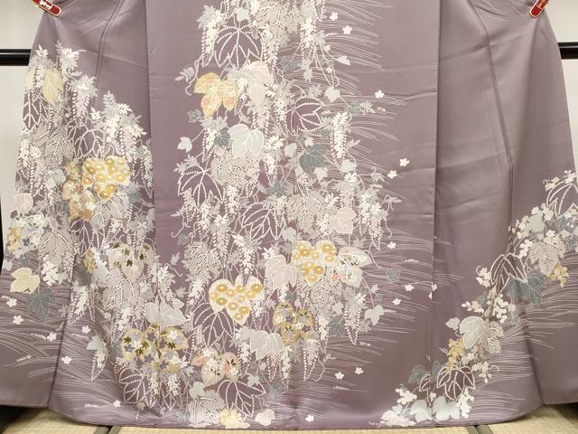 平和屋着物●極上　訪問着　刺繍　蔦の葉花文　金彩　葡萄鼠色地　逸品　CYAA4782s6