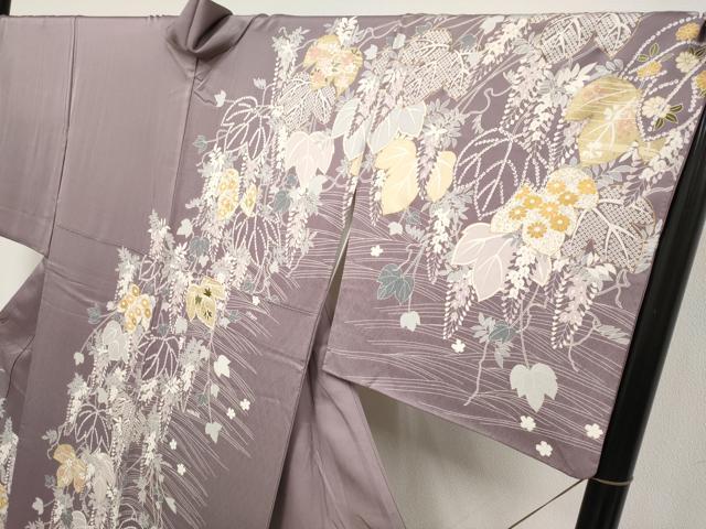 平和屋着物●極上　訪問着　刺繍　蔦の葉花文　金彩　葡萄鼠色地　逸品　CYAA4782s6