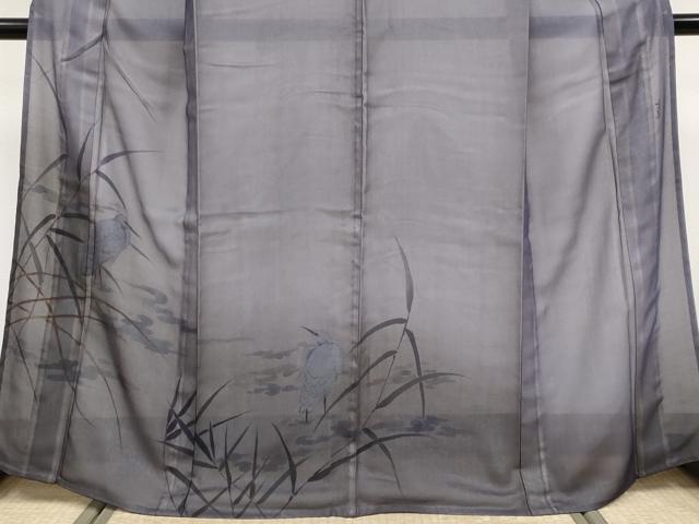 平和屋着物▽極上　訪問着　無双　紗袷　紗×紗　作家物　手描き　白鷺　暈し染め　金彩　濃鼠色地　逸品　CYAA4783s6