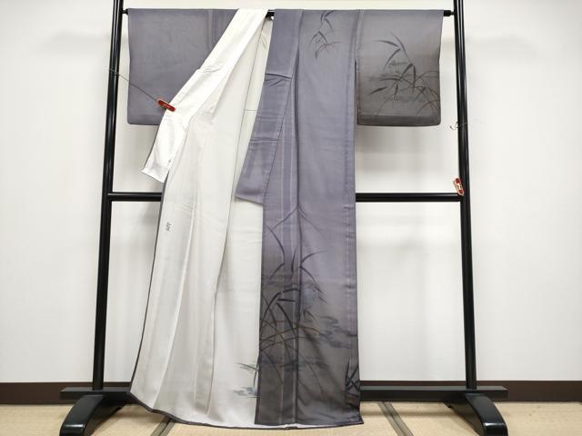 平和屋着物▽極上　訪問着　無双　紗袷　紗×紗　作家物　手描き　白鷺　暈し染め　金彩　濃鼠色地　逸品　CYAA4783s6