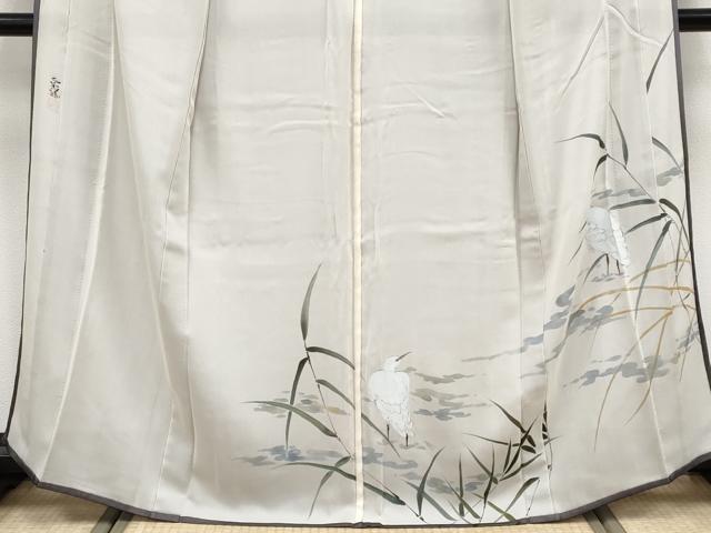 平和屋着物▽極上　訪問着　無双　紗袷　紗×紗　作家物　手描き　白鷺　暈し染め　金彩　濃鼠色地　逸品　CYAA4783s6