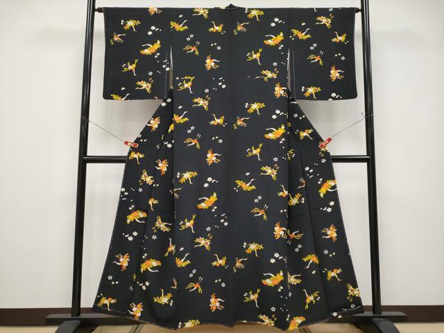 平和屋本店●極上　銀座　志ま亀　小紋　鶴　黒地　伊と幸　反端・たとう紙付き　逸品　未使用　CYAA4791s6