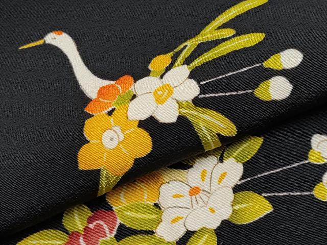 平和屋本店●極上　銀座　志ま亀　小紋　鶴　黒地　伊と幸　反端・たとう紙付き　逸品　未使用　CYAA4791s6