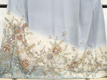 平和屋着物●極上　中国三大刺繍　スワトウ刺繍　総刺繍　訪問着　正倉院花唐草文　暈し染め　金糸　灰青色地　逸品　未使用　CYAA4797s6