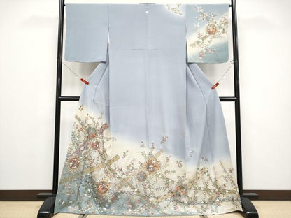 平和屋着物●極上　中国三大刺繍　スワトウ刺繍　総刺繍　訪問着　正倉院花唐草文　暈し染め　金糸　灰青色地　逸品　未使用　CYAA4797s6