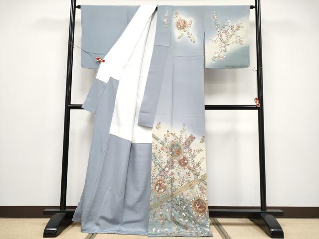 平和屋着物●極上　中国三大刺繍　スワトウ刺繍　総刺繍　訪問着　正倉院花唐草文　暈し染め　金糸　灰青色地　逸品　未使用　CYAA4797s6